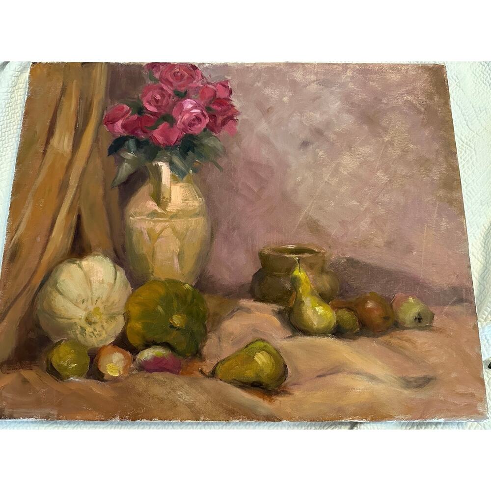 Hand painted acrylic still life, flowers, and fruits on canvas 20 x 16‎